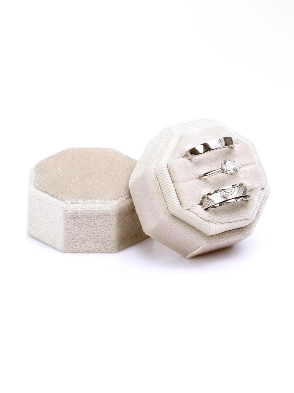 Velvet Ring Box, 3 Slots Octagon Jewelry Ring Gift Box Wedding Ring Holder Beige